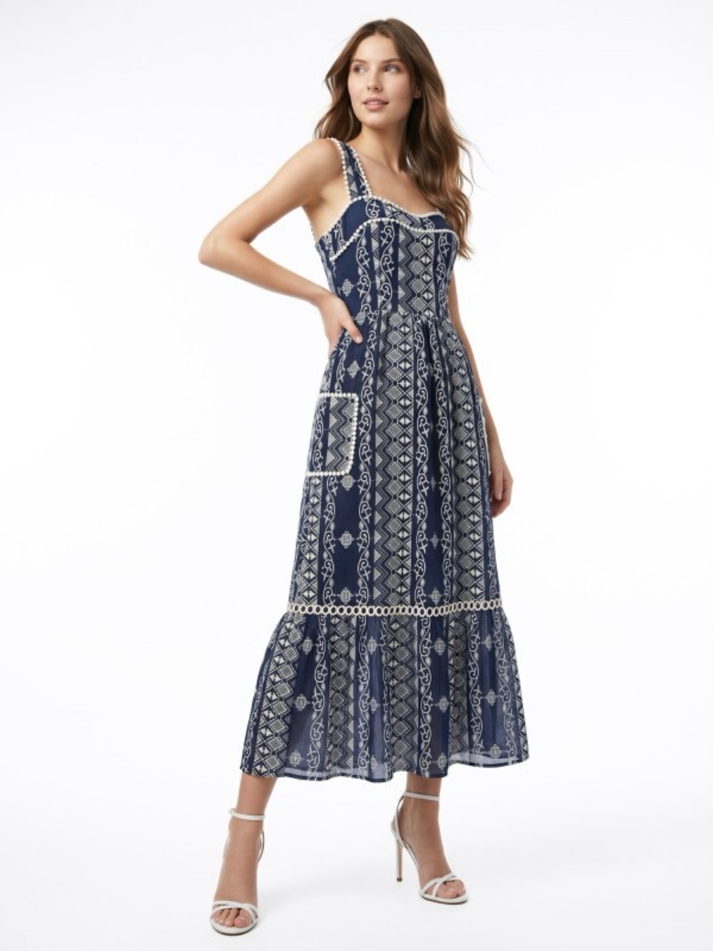 Camellia Navy & White Patterned Maxi Dress with Crochet Trim - Picture 3 of 4